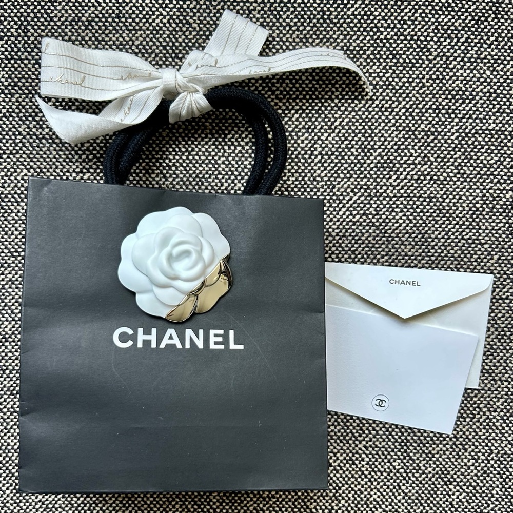 CHANEL black gift bag, white ribbon, wht & chrome camellia, note card & envelope